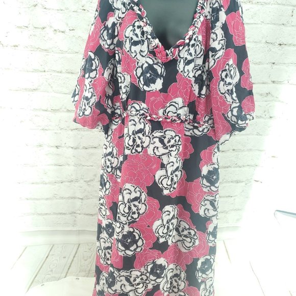 Dyvna Womens Pink Graphic Flower Semi Sheer 3/4 Sleeve Ruffle Sheath Dre… - Picture 1 of 13